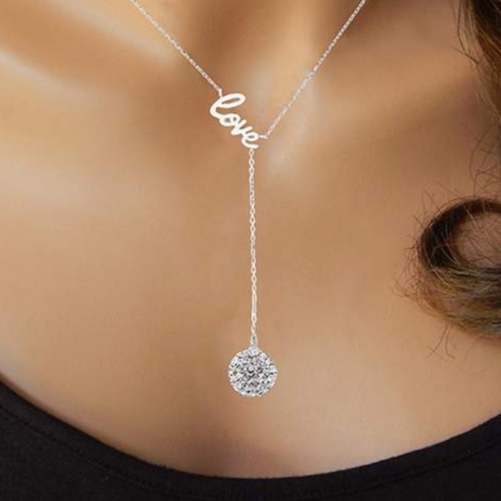 Dainty Silver Lariat Love Necklace with Crystal Charm